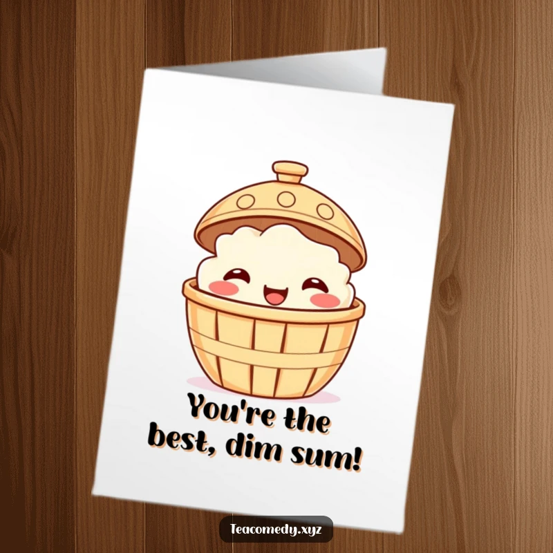 Funny Free Printable Congratulations Card of a smiling dim sum basket peeking out, sharing festive cheer.