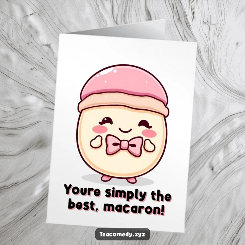 Funny Free Printable Congrats Card: A happy macaron wearing a bowtie, performing a polite curtsey.