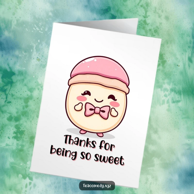 Funny Free Printable Thank You Card: A happy macaron with a bowtie, doing a charming curtsey.