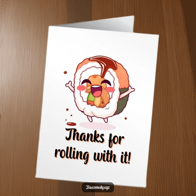 Funny Free Printable Thank You Card: Giggling sushi roll character spins joyfully with soy sauce drizzle, sending thanks.