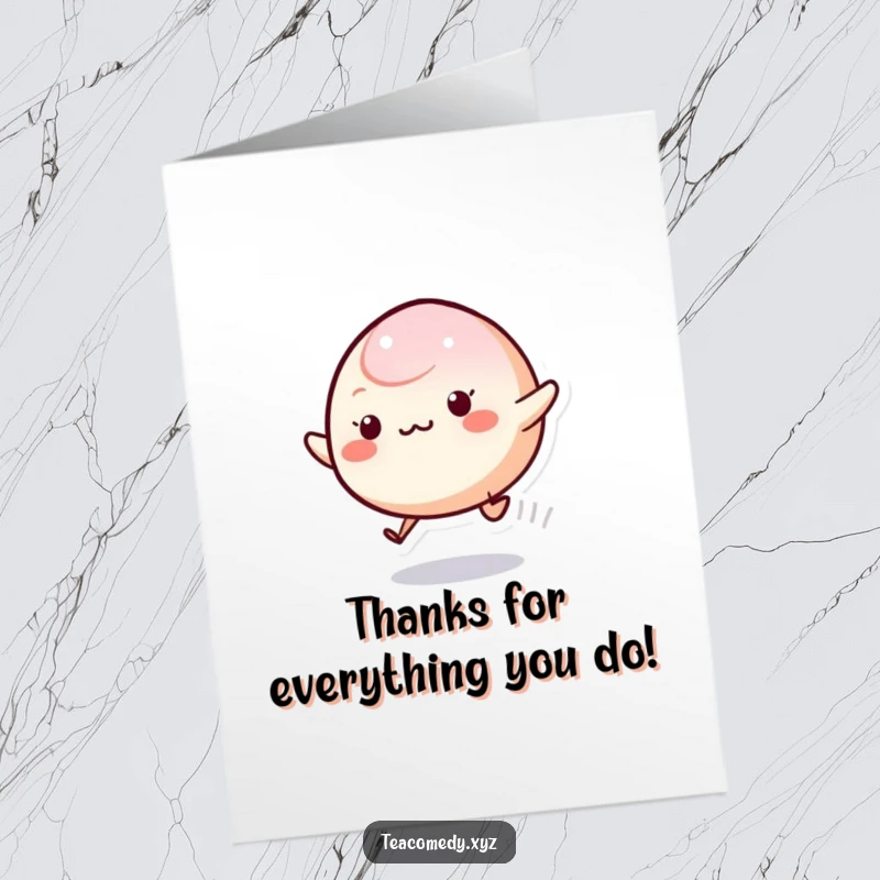 Funny Free Printable Thank You Card with an excited mochi character leaving a bubbly trail. A unique and humorous downloadable gift.