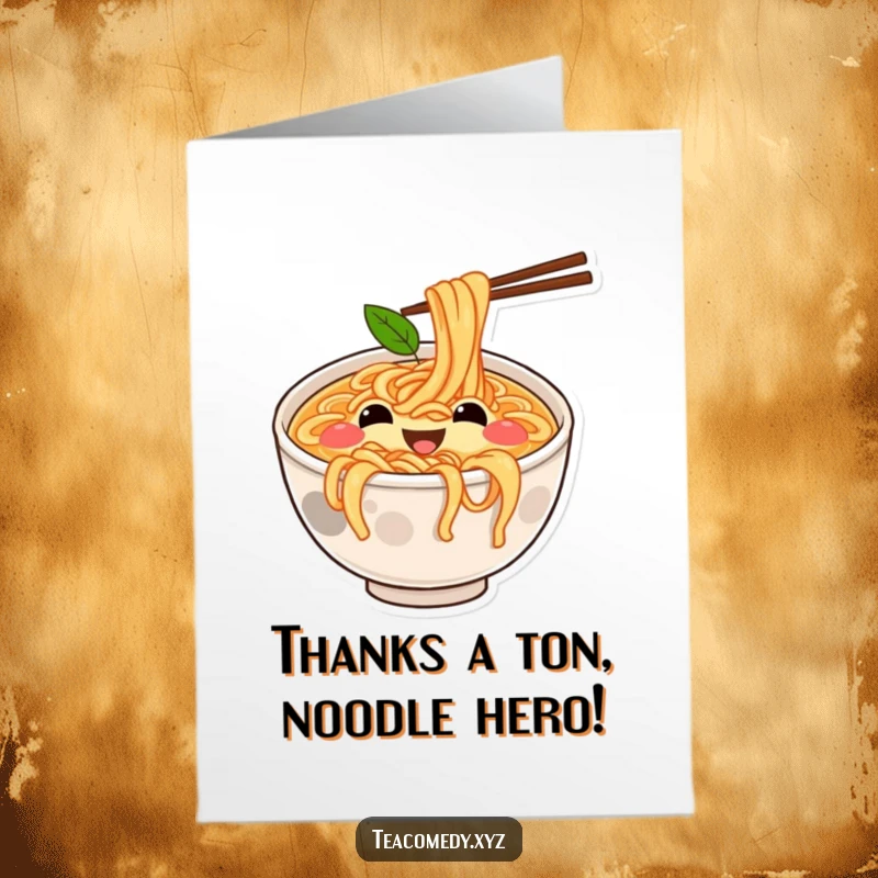 Funny Free Printable Thank You Card featuring a happy ramen bowl bouncing on noodles, expressing sincere thanks.