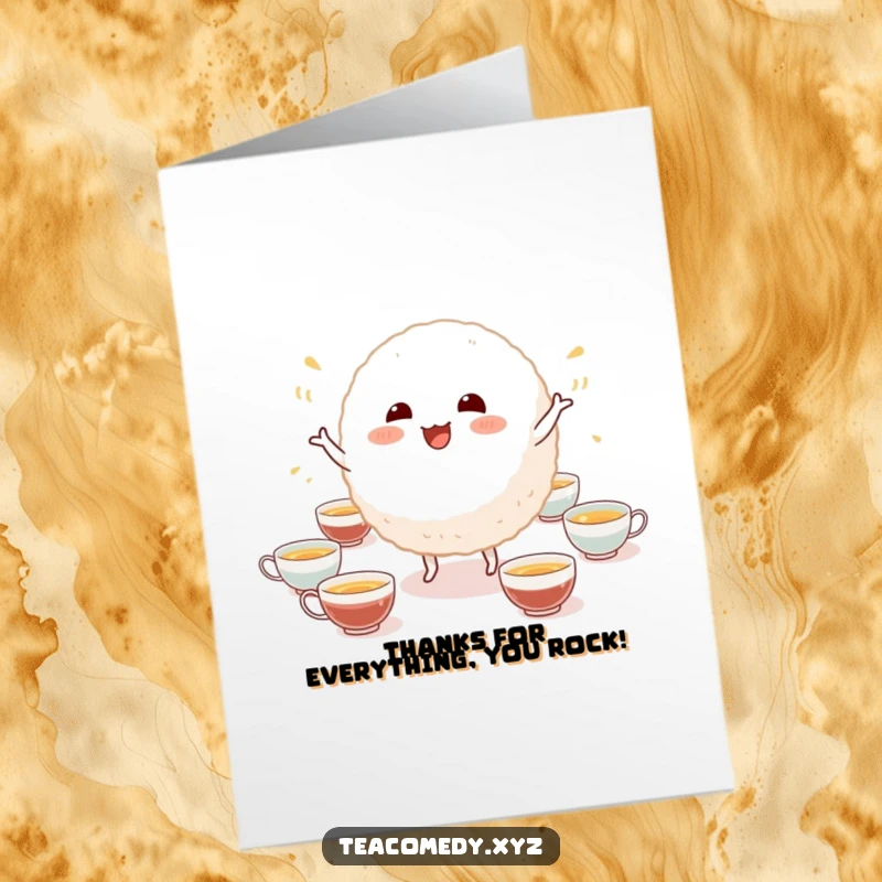 Funny Free Printable Thank You Card: A cheerful rice ball character dances joyfully, offering thanks with tiny tea cups.