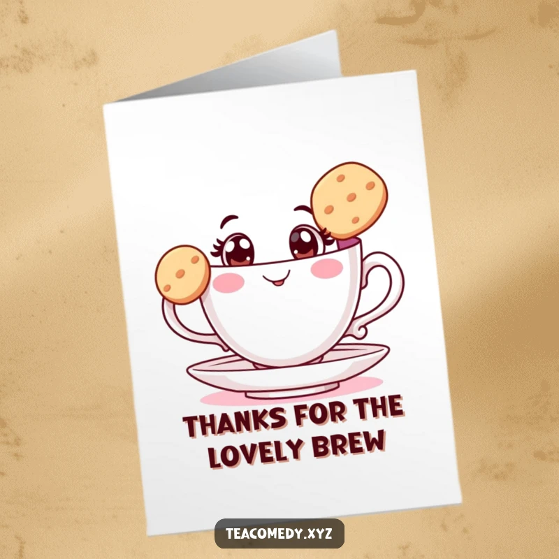 Funny Free Printable Thank You Card: A teacup with big eyes balancing a biscuit on its edge.