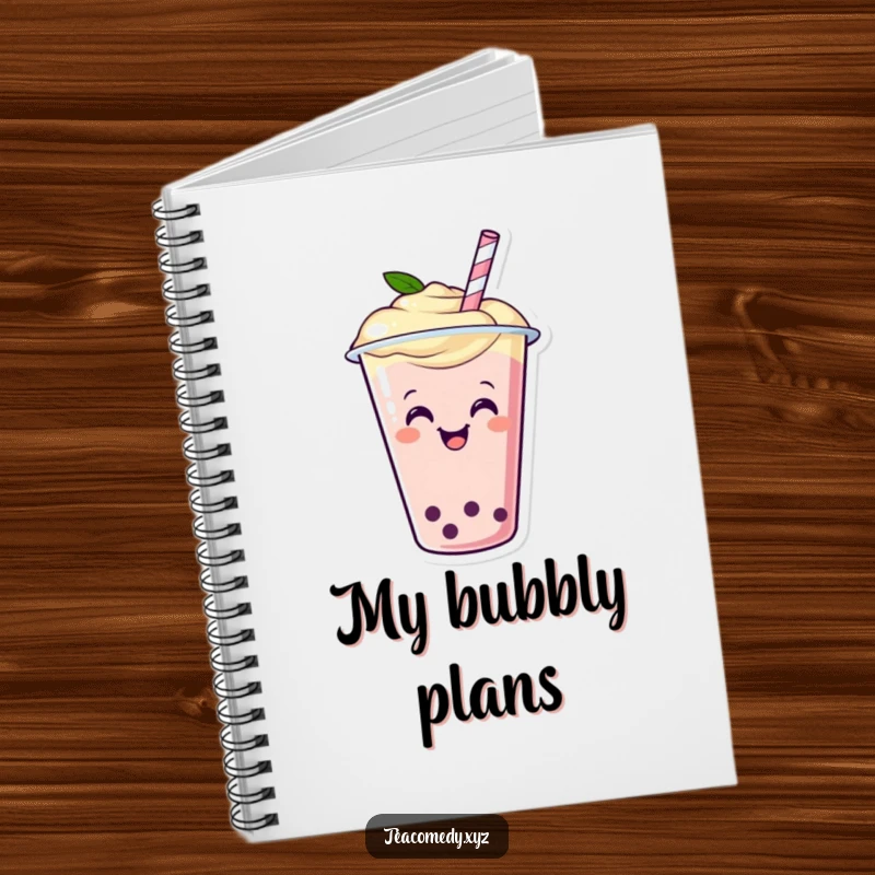 Funny notebook with a happy boba tea cup with a straw wiggling with glee, cartoon stationery.