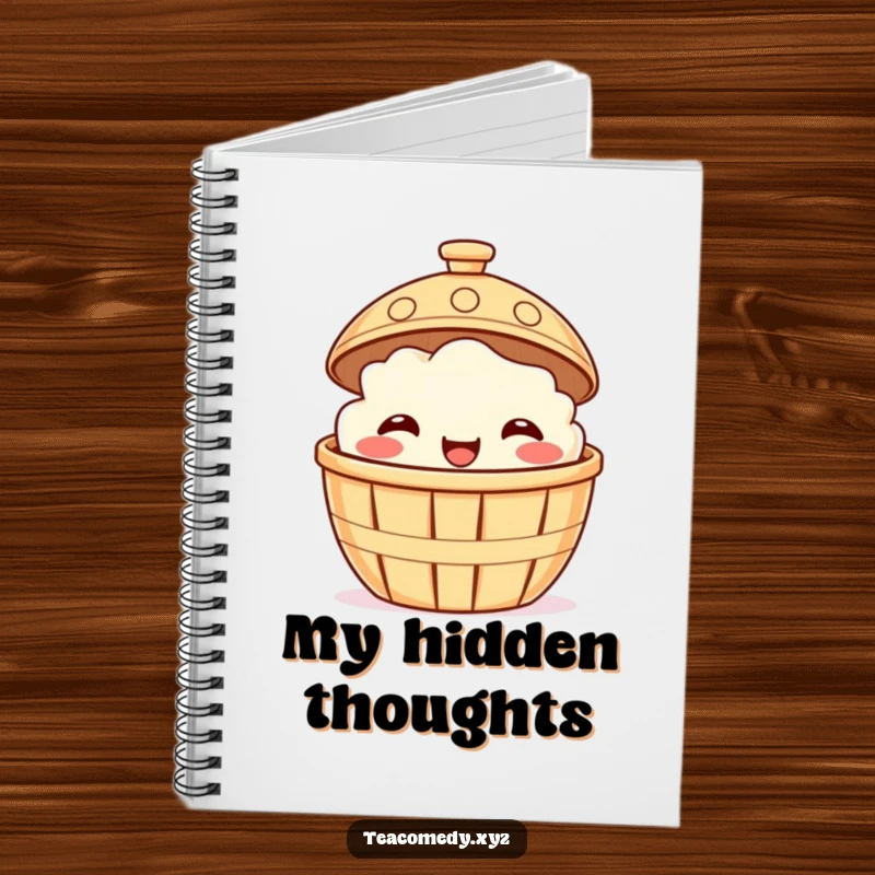 Funny notebook with a smiling dim sum basket peeking from under a steaming lid, cartoon stationery.