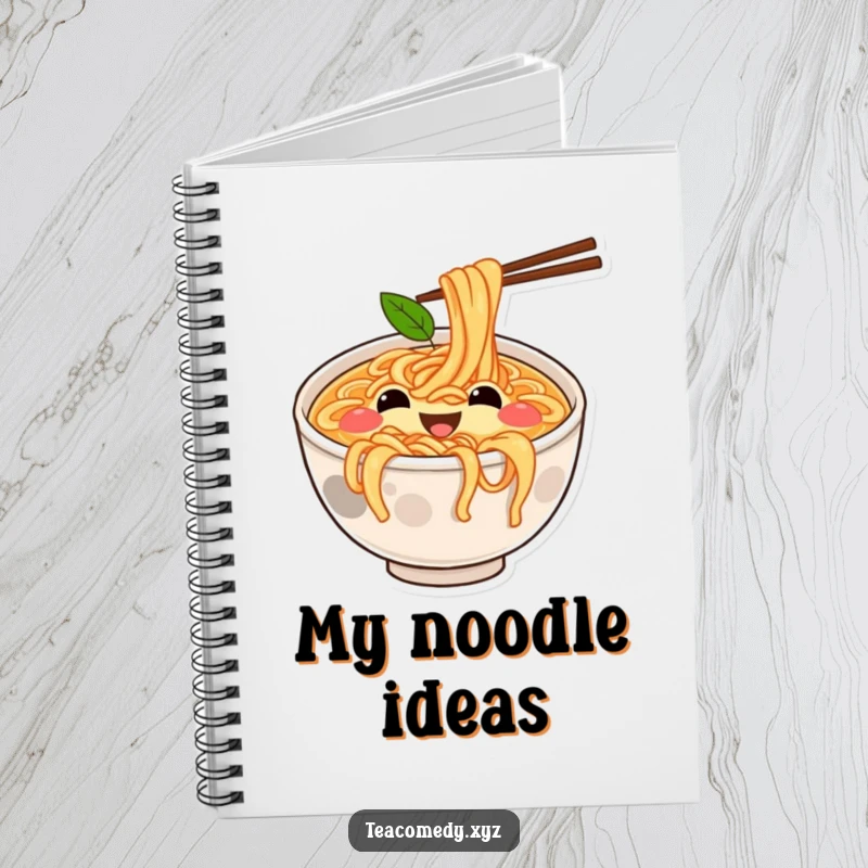 Funny notebook with a joyful ramen bowl bouncing on noodles, cartoon stationery for jotting ideas with humor.