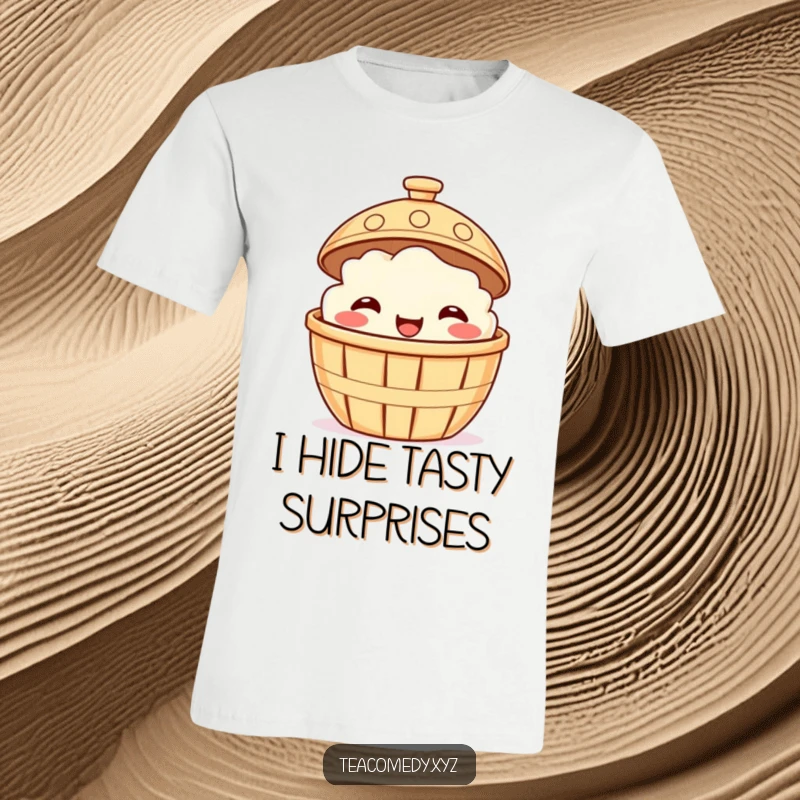 Funny t-shirt featuring a smiling dim sum basket playfully peeking from under a steaming lid, cute food illustration.
