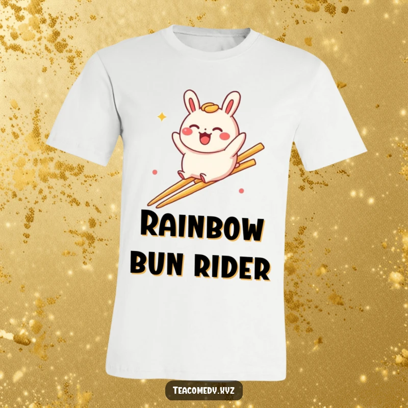 Funny bao bun t-shirt with a delighted bao bun character playfully sliding down a rainbow made of chopsticks, radiating happiness.