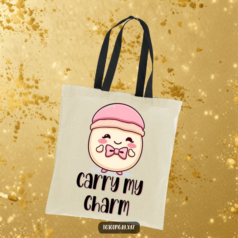 Funny macaron tote bag featuring a pastry in a tiny bowtie, doing a cheerful curtsey, a functional and humorous accessory.