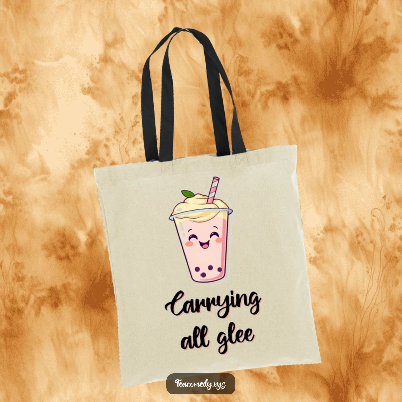Funny tote bag showcasing a happy boba tea cup with a straw wiggling with glee, cute cartoon illustration.