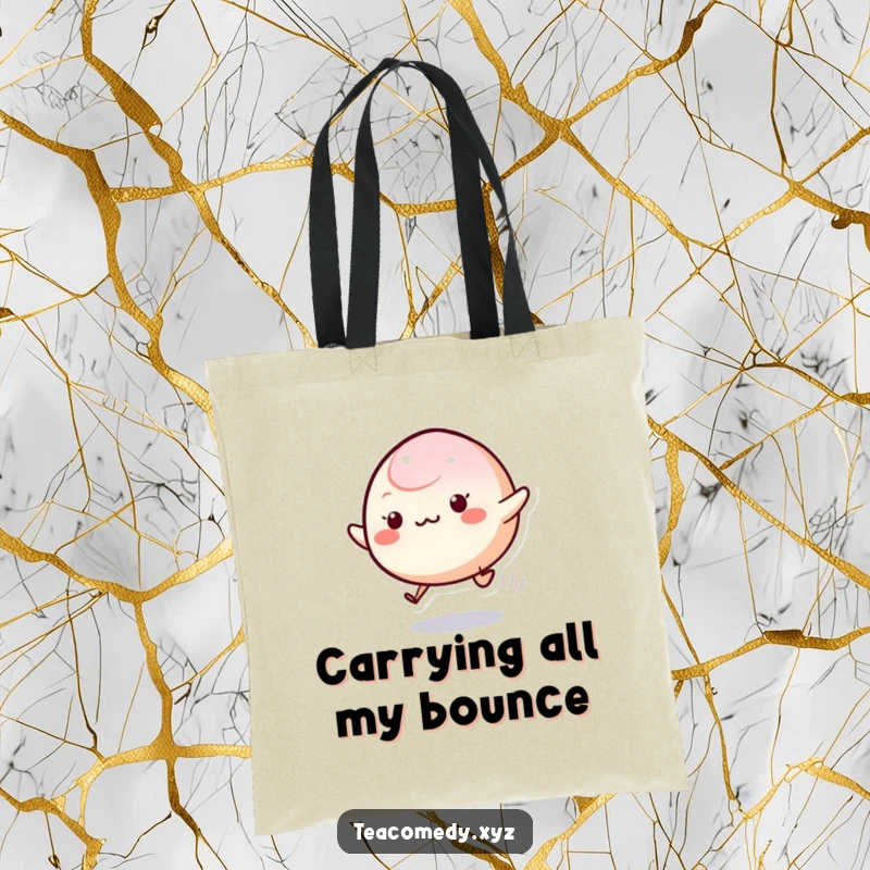 Funny Mochi Tote Bag with a cute, energetic mochi character bouncing excitedly, ideal for carrying daily items with humor.