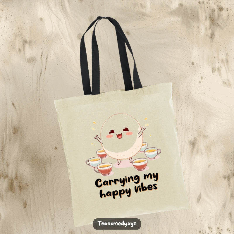Funny tote bag illustrating a gleeful rice ball character dancing energetically around small tea cups, a practical and humorous accessory.