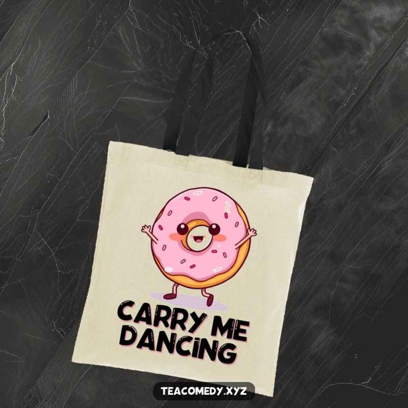 Funny donut tote bag featuring a playful pastry with legs dancing the salsa, adding a humorous touch to daily errands.