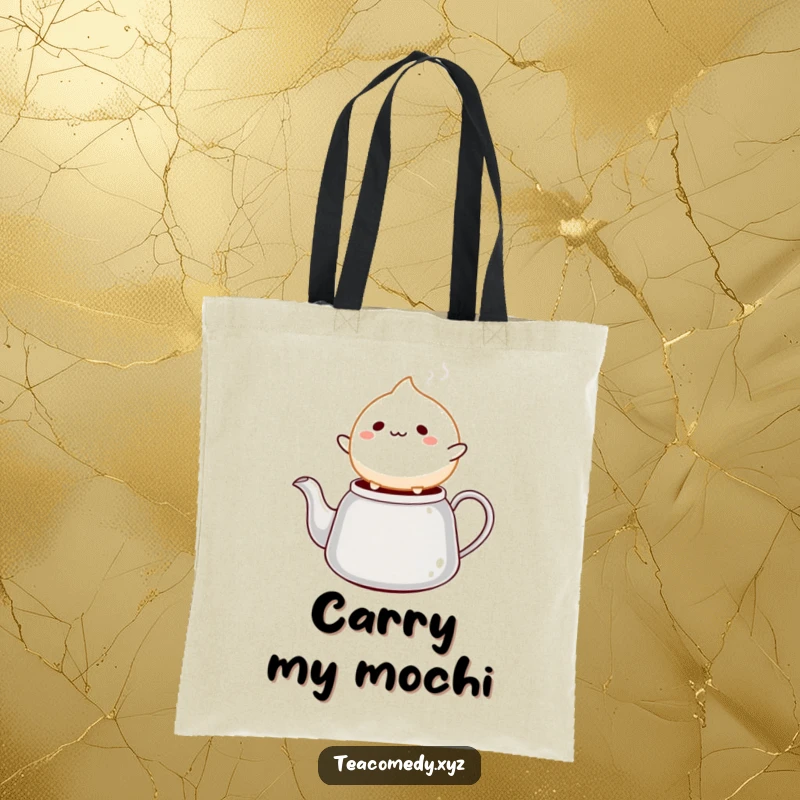 Funny mochi tote bag with a cheerful mochi ball character happily bouncing on a steaming tea kettle spout, perfect for daily use.