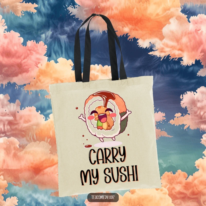 Funny sushi roll tote bag with a giggling sushi roll character doing a joyful spin with a soy sauce drizzle, perfect for daily use.