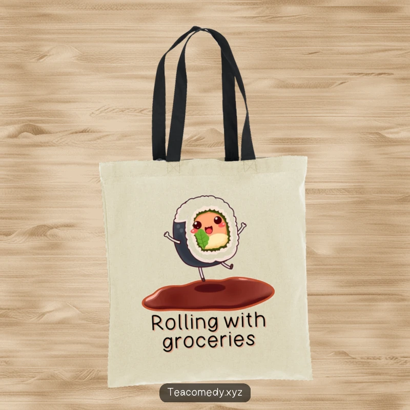 Funny tote bag showcasing a cheerful sushi roll with tiny legs dancing on a soy sauce puddle, cute cartoon.